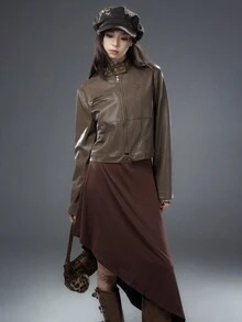 Bloopia Retro American Mirage Chic PU Leather Jacket For Women,High Neck Cropped Autumn Jacket,All Shades Of Brown Night Out Halloween Minimalist - Brown - View 5