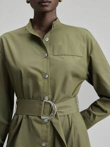 Ontre 2025 新款女式长裙，秋冬，现代都市风格，女装，军绿色，收腰宽松版型，系带，商务休闲，通勤，日常穿着，秋冬，圣诞节，万圣节，节日，度假，派对，合身廓形，女装，都市时尚，简约优雅女装，纽扣，梭织面料，女装 - 軍綠色 - 查看 6