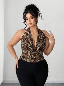 Elenzga Plus Size Women Elegant Party Sexy Halter Plunging Neck Leopard Print Camisole - Multicolor - View 7