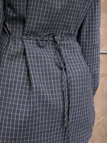 COUREZ Áo sơ mi dài tay thắt eo họa tiết kẻ caro / Áo mùa hè cho nữ, phong cách vintage Y3K Y2K - Xám - Xem 8