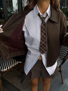 DAZY 女士秋季PU皮革拉链休闲轻便夹克 Y2k - 咖啡棕 - 查看 9