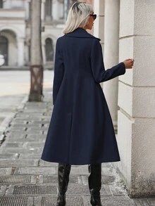 SHEIN LUNE 女式纯色翻领长袖双排扣口袋优雅羊毛大衣，秋冬 - 藏蓝色 - 查看 2