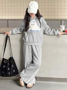 Dazy Kids 2pcs/Set Tween Girls Hooded Fleece Sweatshirt And Pants Set, Autumn/Winter - Grey - View 3