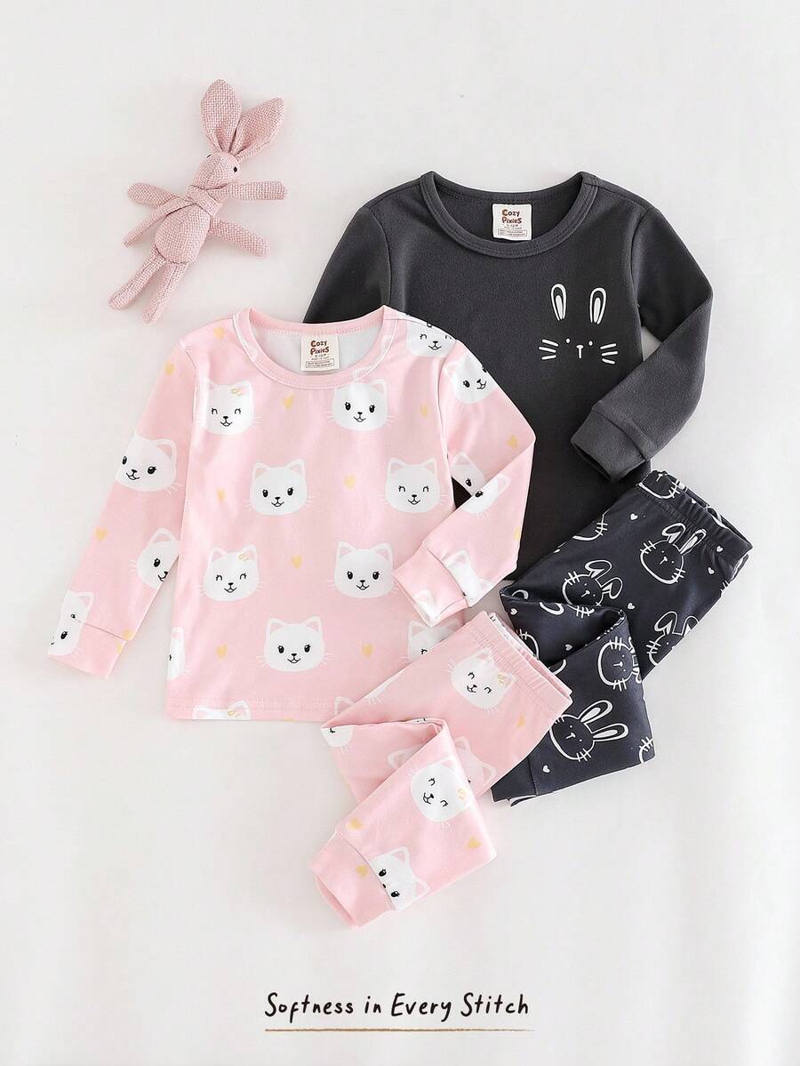 Cozy Pixies Baby Mädchen Kuschel-Fit Pyjama Set, Cartoon Hase & Katze Muster, weicher Strick Rundhals Langarm Top und Hose, Ganzjährig