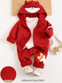 Cozy Pixies 2件套男婴卡通狐狸耳朵连帽外套和慢跑裤套装 - 紅色 - 查看 6