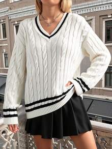 Cloudara Suéter De Talla Grande Con Diseño De Rayas, Cuello En V Y Mangas Largas - Blanco - Ver 4
