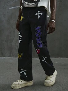 Manfinity ZONE917 Men's Casual Loose Fit Colorful Graphic Print Black Straight Leg Jeans,Streetwear Summer City Break Y2K Vintage Washed Star Wide Leg Distressed Jeans - Black - View 6