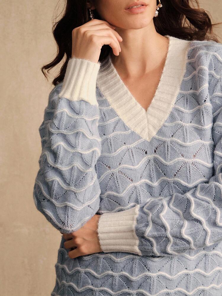 Women's Textured Light Blue Sweater, Stylish Design For Winter