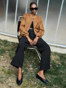 Lumivelle Chaqueta bomber de mujer con dobladillo de burbuja - Marrón - Ver 2