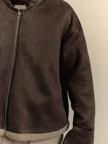 Dazy-Less 女士时尚百搭常规款夹克，秋冬季保暖内衬女式外套 - 棕色 - 查看 5