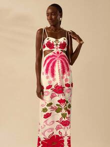 CAJUNI Váy maxi crop top không tay buộc eo họa tiết cây dừa và hoa nhiệt đới Boho dành cho nữ, váy đi nghỉ thường ngày - Đỏ - Xem 4