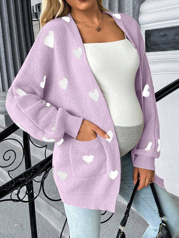 SHEIN Pregnant Women's Casual Heart Pattern Batwing Sleeve Knitted Cardigan, Autumn