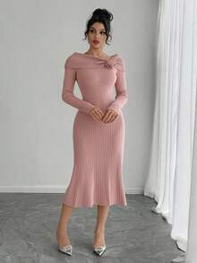 DAZY Off Shoulder Vintage Sweater Dress, Slimming Effect, Autumn/Winter New Arrival - Pink - View 7