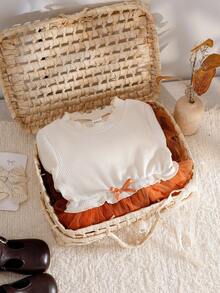 SHEIN Váy bé gái cổ tròn tay bồng có nơ eo, viền bèo nhún, phù hợp cho dịp lễ Halloween/thu - màu nâu - Xem 7