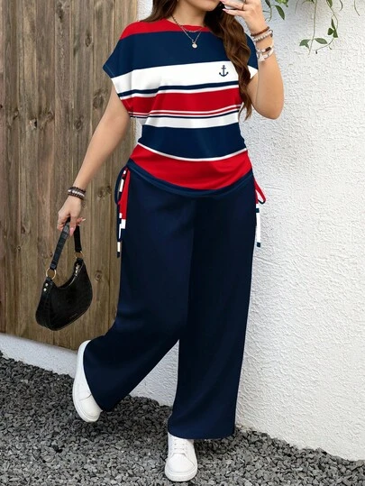 EMERY ROSE Conjunto de 2 piezas con patrón de rayas rojas y azules de estilo náutico, minimalista y casual, adecuado para la transición del verano al otoño, talla grande