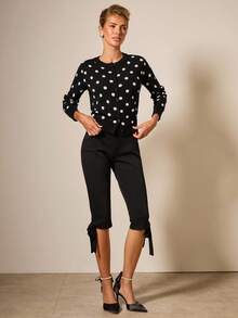 COSMINA 女士休闲波尔卡圆点图案圆领长袖针织开衫，秋季 - 黑與白 - 查看 4