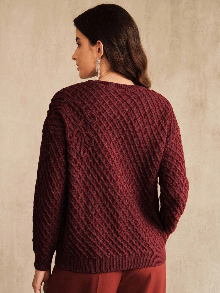 Women's Elegant Loose Knit Sweater, Handmade Rope Embroidery & Sequin Decor, Round Neck Long Sleeve, Wine Red, Suitable For Fall, Winter, New Year, Party, Wedding, Elegant, Chic, Stylish, Christmas, Festival, Going Out