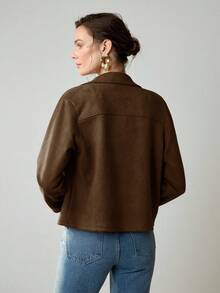 Uhlyne 女士复古经典复古硬币设计优雅休闲西装外套，配有仿口袋和纽扣，简约通勤夹克 - 咖啡棕 - 查看 2