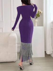 Modelyn Women Elegant Tassel Hem Arabic Style Long Dress - Purple - View 6