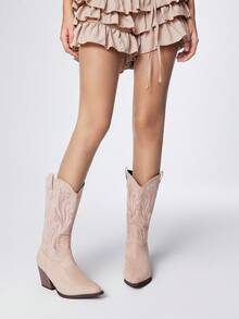 ROMWE Fairycore 女式粗跟尖头刺绣西部牛仔靴，绒面革，秋冬新款时尚户外西部靴 - 卡其色 - 查看 2