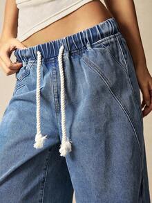 Bohemela Casual Solid Color Woven Denim Loose Pants - Blue - View 3