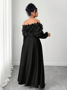 Elenzga 大码女式优雅露肩A字连衣裙，秋冬 - 黑色 - 查看 2