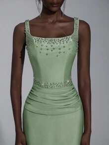 Elitara 优雅的橄榄绿色细肩带方领重饰褶饰腰部鱼尾连衣裙，适合约会、度假、毕业典礼、婚礼、正式活动 - 草綠色 - 查看 2