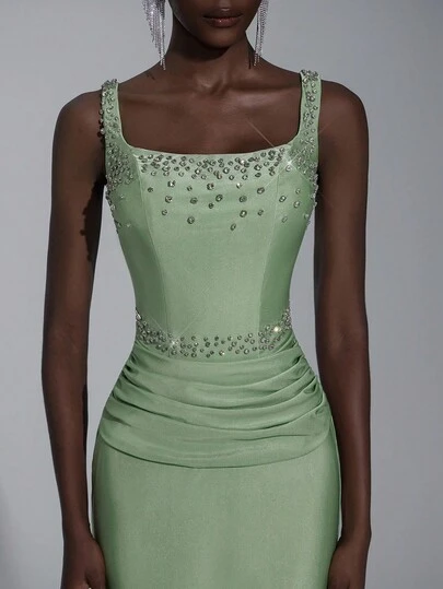 Elitara Elegant Olive Green Spaghetti Strap Square Neck Heavily Embellished Ruched Waist Fishtail Dress, Suitable For Dates, Vacations, Graduations, Weddings, Formal Events