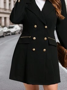 SHEIN Clasi Plus Size Elegant Vintage Lapel Waist Flared Dress Coat With Zipper Pockets, Elegant Black Double-Breasted Coat With Metal Buttons And Zipper Pockets, Waist-Cinched Jacket Dress, Chic Black Overcoat And Trench Style Jacket, Versatile Outerwear For Daily Wear, Office, Travel, Date Nights, And Party Looks, Must-Have Fall Winter Fashion, Anti-Theft Pocket Black Jacket Autumn - Black - View 10