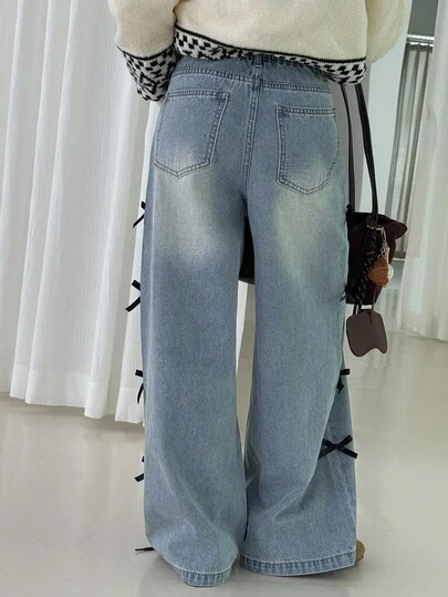 DAZY 女童蝴蝶结装饰牛仔裤