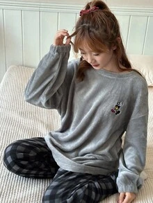 DAZY 少女卡通刺绣圆领长袖上衣和格子裤睡衣套装 - 灰色 - 查看 3