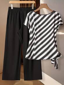 SHEIN Clasi 2 件女士系带蝴蝶结条纹宽松舒适直筒黑色长裤套装，适合办公室穿着 - 彩色 - 查看 2