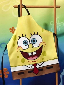 SpongeBob SquarePants | SHEIN 1 pieza Delantal con estampado de dibujos animados, material resistente al agua y al aceite, cómodo y suave, esencial para la cocina y la repostería, adecuado tanto para hombres como para mujeres - Amarillo - Ver 2
