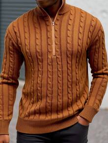 NEOSTRIT Sweater Kasual Rajut Kabel Ukuran Besar Pria, Model Seperempat Resleting, Musim Gugur/Musim Dingin, Lengan Panjang - Coklat - View 3