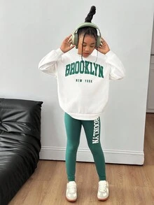 2 件 Tween Girls 字母印花针织连帽衫 + 针织紧身裤套装，休闲时尚日常百搭 - 白色 - 查看 3