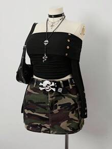 Sunspun Plus Size Camouflage Stretch Mini Cargo Jean Skirt - Multicolor - View 4