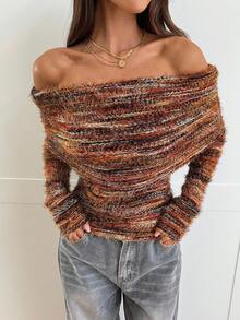 Aloruh Women's Fall/Winter Elegant Off Shoulder Ruched Fitted Long Sleeve Knit T-Shirt,Women Long Sleeve Top,Women's Winter Clothes, Going Out Top,Brown Top - Multicolor - View 5