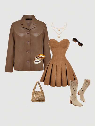 SHEIN MOD 女士时尚百搭纯色通勤夹克，棕色女士皮夹克，秋季女装，万圣节女装，狂欢节女装，音乐会女装，70 年代，复古，谷仓风格夹克