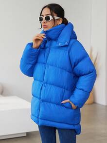 EURMUSE Zip Up Snap Button Hooded Puffer Coat - Blue - View 6