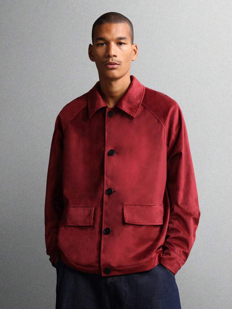 SUMWON Klassische burgunderrote Wildleder Utility Jacke mit Knopfverschluss, lässige Herbst-Winter Oberbekleidung, Business Lässig, moderner Modestil, Kragen-Mantel