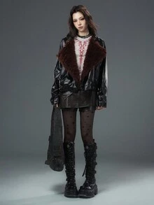 Bloopia Subculture Punk Rock Thời trang đường phố Thiết kế cá nhân cho nữ Thu/Đông Halloween Đinh tán Kim loại Trang trí Da giả Da PU Cổ áo lông thú giả Áo khoác dáng rộng - màu đen - Xem 5