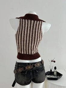Flirla Pull tricoté à col contrasté décontracté pour femmes, automne/hiver - Multicolore - Voir 3
