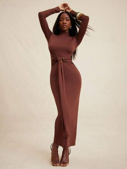 NYA SZN 连衣裙长袖修身金属细节特殊场合正式端庄婚礼宾客教堂约会外出夜场秋冬适合通勤女士服装