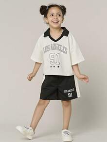 SHEIN 2pcs Young Girl' Casual Daily Outdoor Basic Patchwork Collar Short Sleeve Top And Shorts Set, Summer - White - View 2