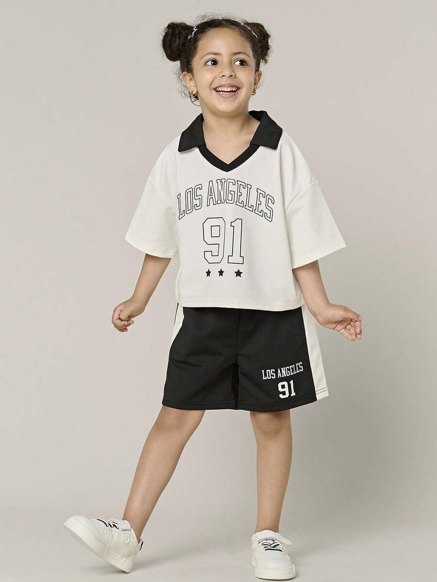 SHEIN 2pcs Young Girl' Casual Daily Outdoor Basic Patchwork Collar Short Sleeve Top And Shorts Set, Summer