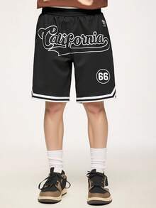 SHEIN Tween Boys' Digital English Letter Print Shorts, Suitable For Summer Wear, Cool And Convenient. Suitable For Pairing With Both Sneakers And Sandals - Black - View 1