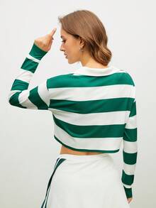 SHEIN Unity 女式撞色条纹半拉链休闲落肩宽松短款运动 Polo 衫 - 綠色 - 查看 5