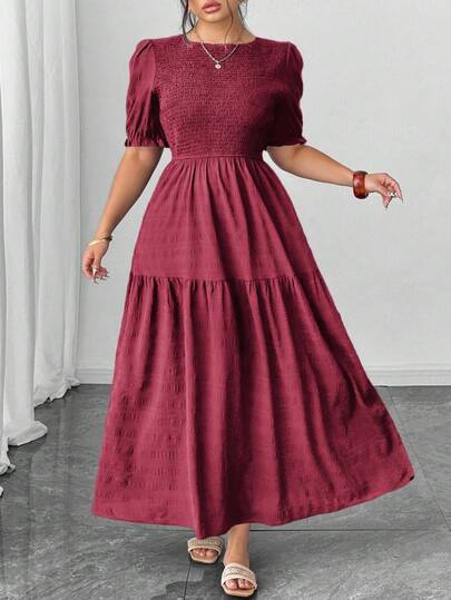 Elenzga 假日大码优雅休闲纯色泡泡袖褶皱荷叶边下摆连衣裙，适合日常通勤、办公室工作、外出就餐、浪漫约会和度假，春夏新款长裙休闲长裙褶皱女裙泡泡袖连衣裙女式褶皱连衣裙