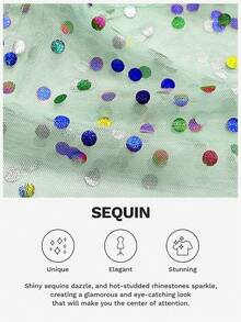 SHEIN LUNE 大码女式彩色亮片圆领短袖黑色网眼透视波西米亚节日上衣 - 綠色 - 查看 6