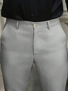 Manfinity Bizformal 男士条纹休闲工装斜口袋修身西装裤，男士裤子，男士西装裤，老钱风格 - 灰色 - 查看 7